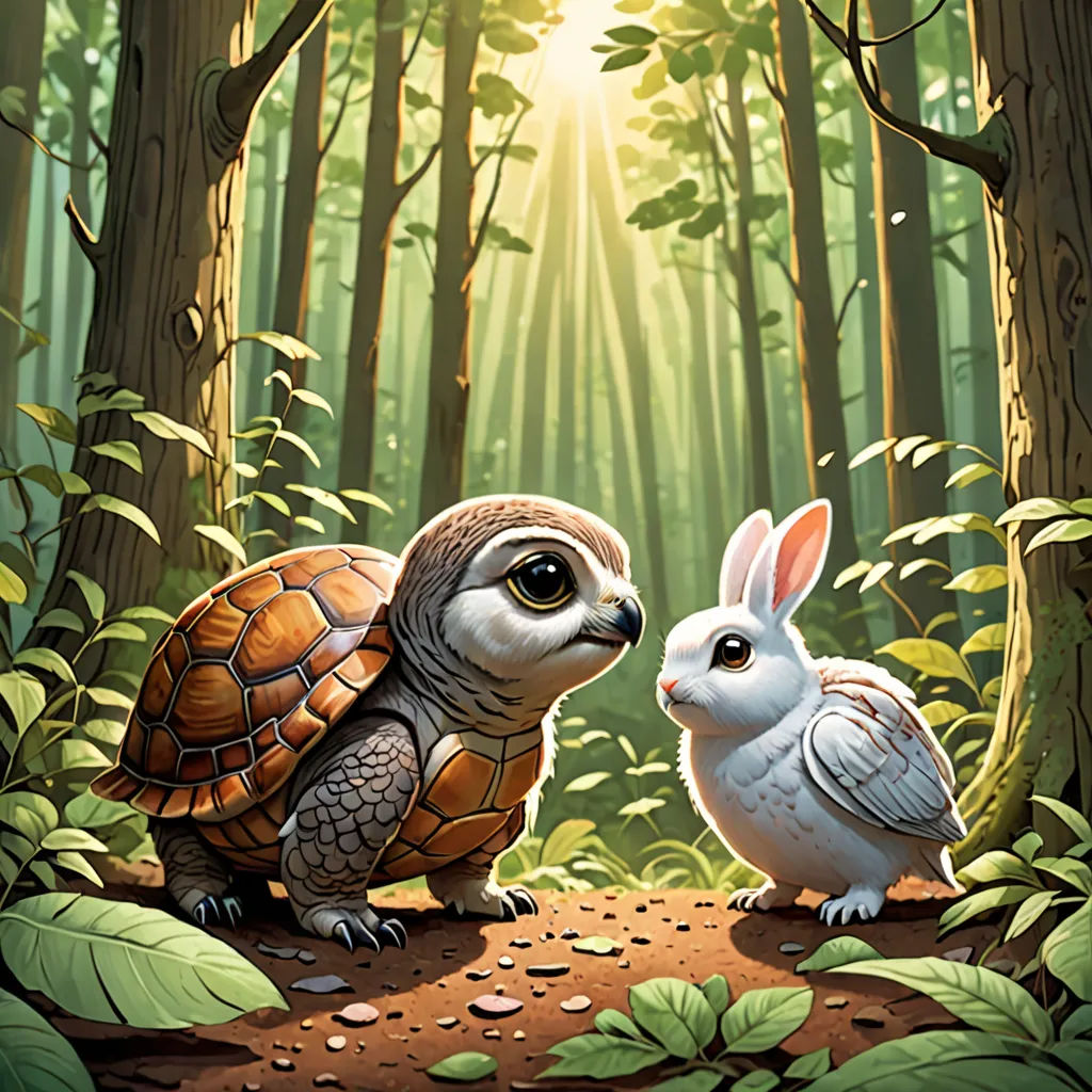 a painting of two rabbits and a turtle in a forest with trees and leaves on the ground, one of which is facing the other, fantasy art, a storybook illustration, Chris LaBrooy, official art