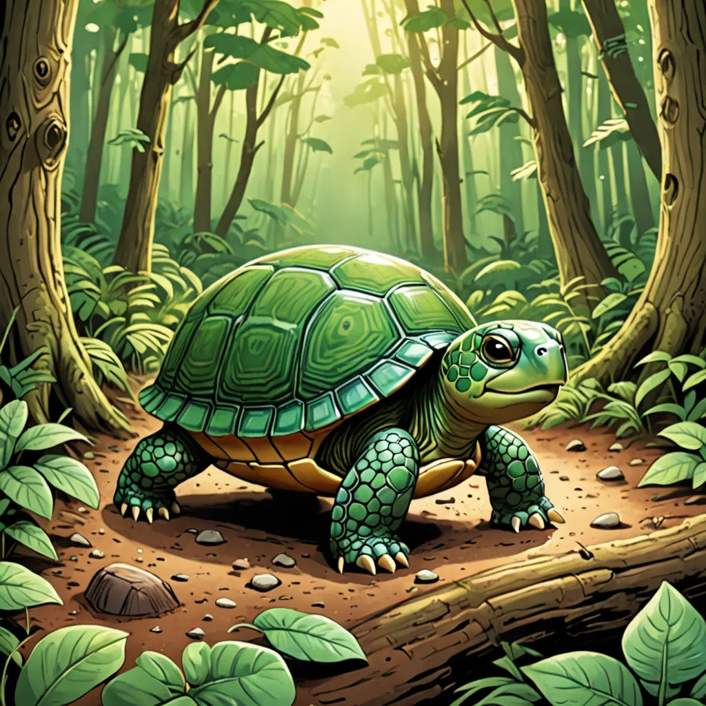 a green turtle is walking through the forest on a log in the sun light, with leaves surrounding it, sots art, an illustration of, Chris LaBrooy, magic the gathering artwork