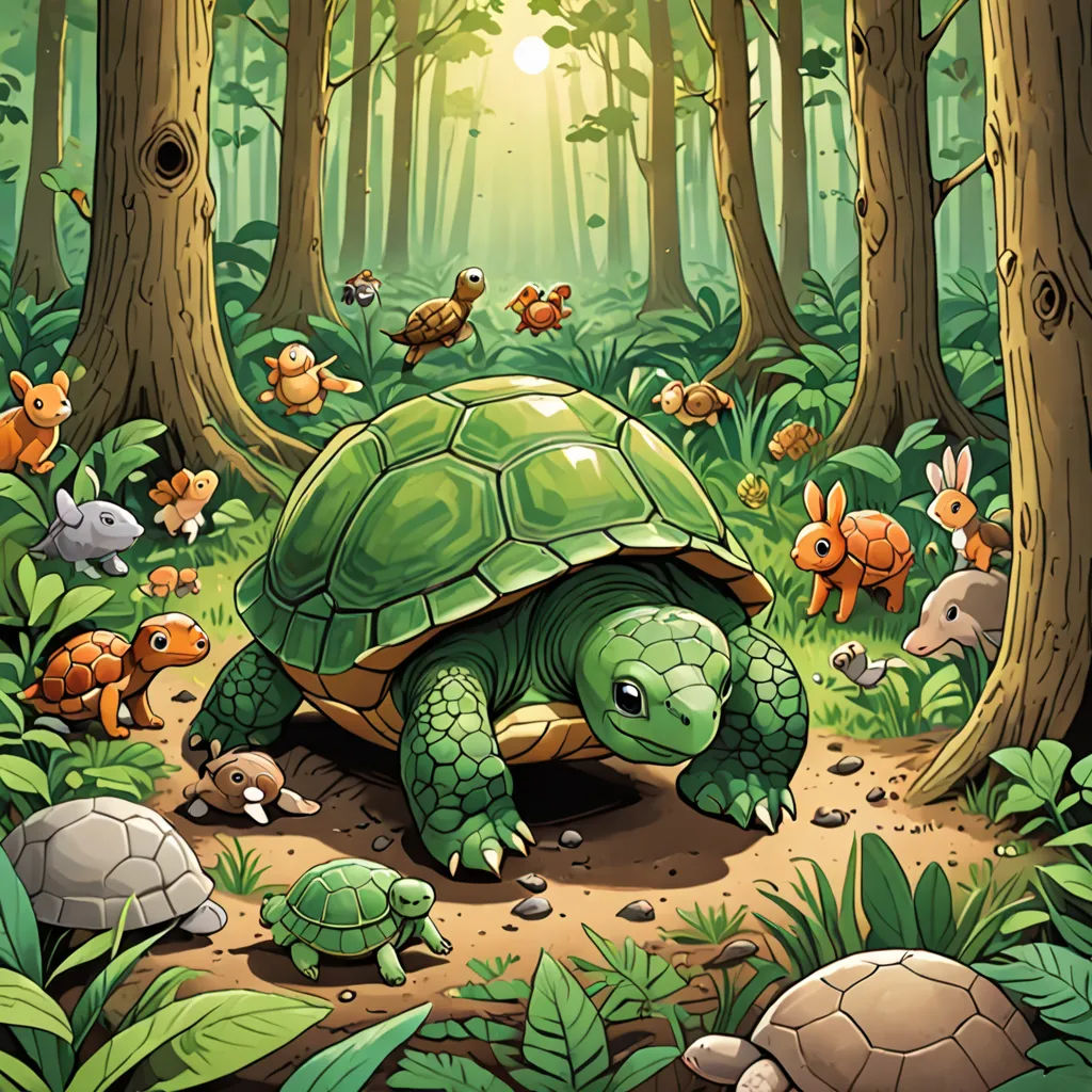 a cartoon turtle in the middle of a forest with other animals around it and a sun shining through the trees, fantasy art, a storybook illustration, Dan Mumford, storybook illustration