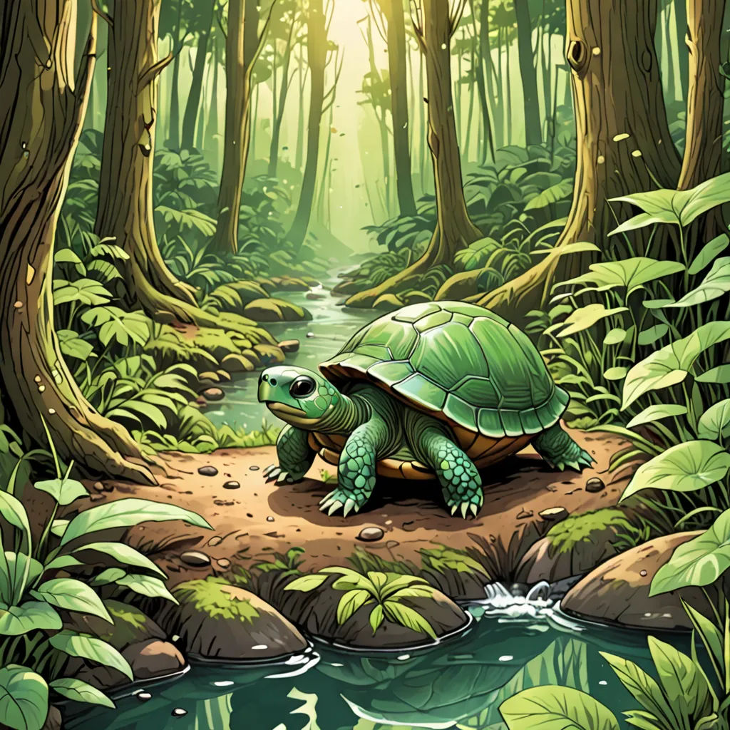 a turtle is sitting on a rock in the middle of a forest with a stream running through it and trees and foliage, fantasy art, a storybook illustration, Chris LaBrooy, storybook illustration