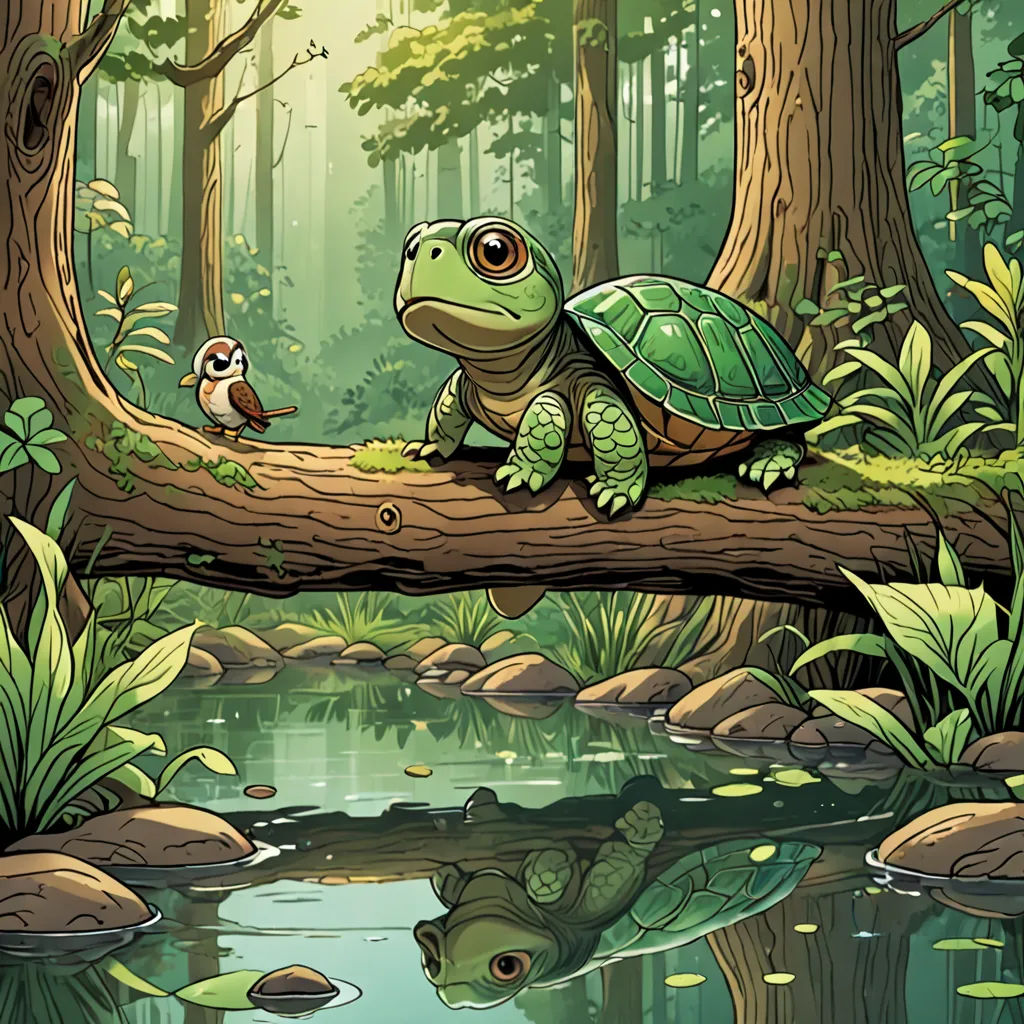 a turtle sitting on a log in a forest with a bird perched on it's back and a pond in the foreground, fantasy art, a storybook illustration, Dan Mumford, josan gonzales and dan mumford