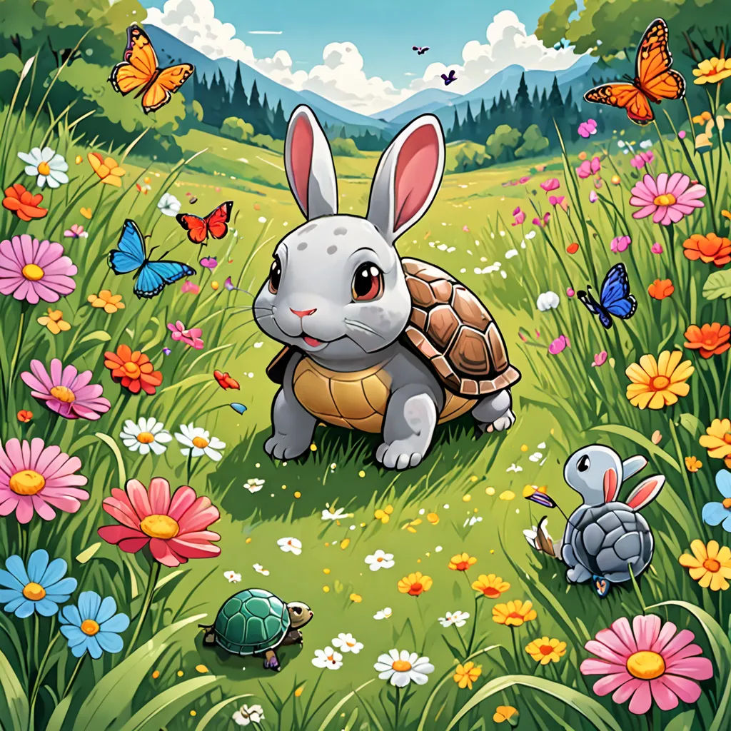 a rabbit and a turtle in a field of flowers and butterflies with a mountain in the background with butterflies, sots art, a storybook illustration, Chris LaBrooy, league of legends splash art