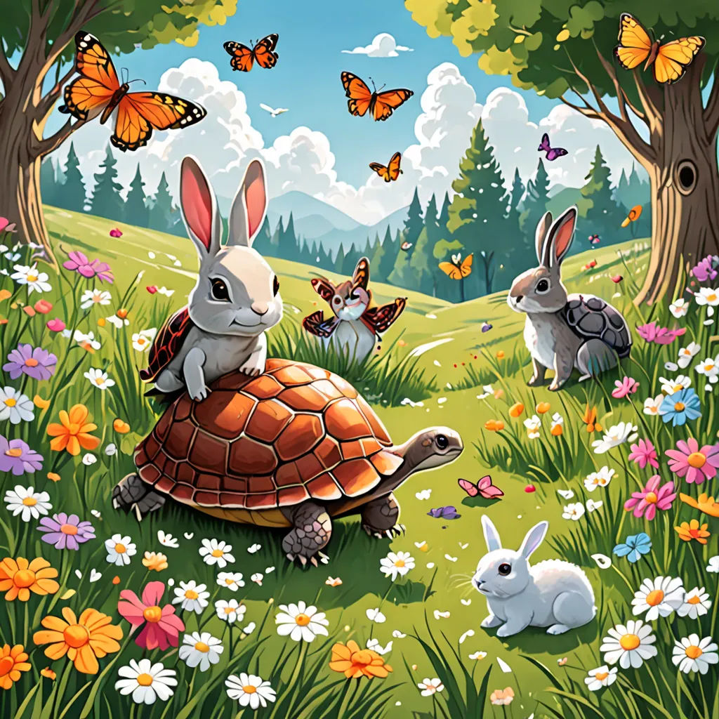 a painting of rabbits and a turtle in a field of flowers and butterflies with butterflies flying above them and a butterfly in the sky, magic realism, a storybook illustration, Chris LaBrooy, storybook illustration