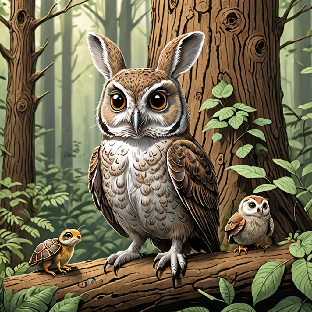 a painting of an owl and her baby on a log in a forest with green leaves and trees in the background, fantasy art, a storybook illustration, Dan Mumford, highly detailed digital painting