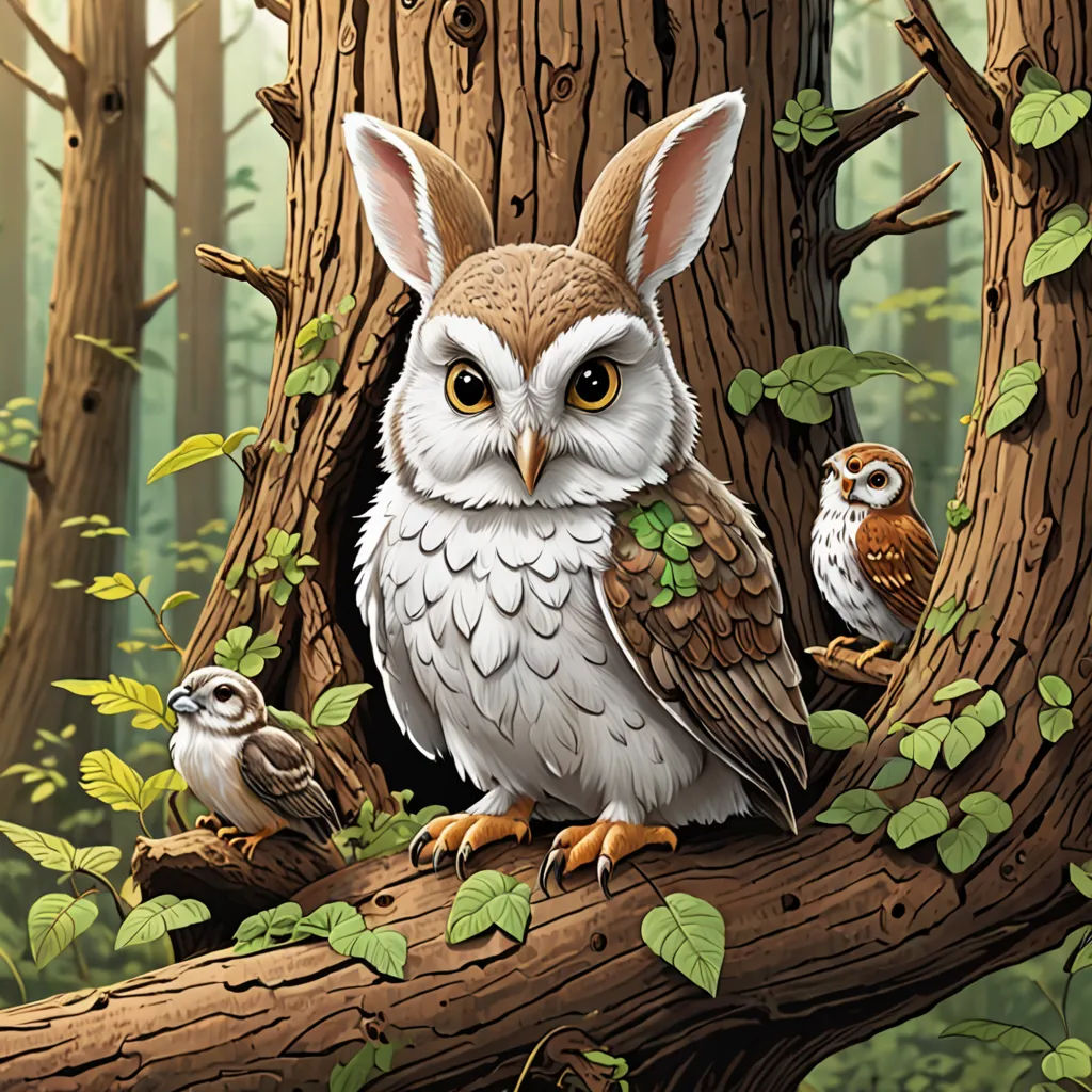 a painting of an owl and two owls sitting on a tree branch in a forest with green leaves and a tree trunk, fantasy art, a storybook illustration, Chris LaBrooy, highly detailed digital painting