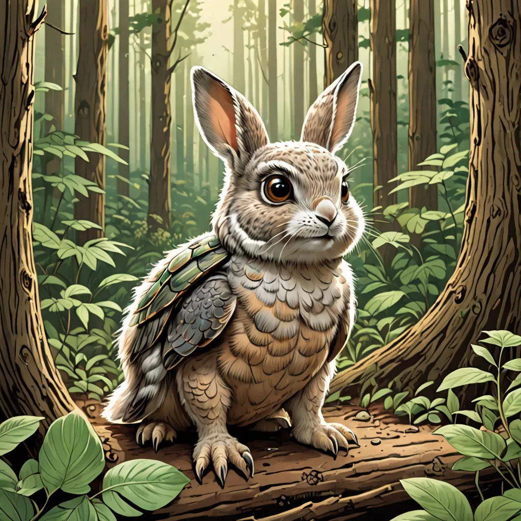 a painting of a rabbit with a turtle on its back in a forest with trees and leaves, with a sunbeam in the background, fantasy art, a storybook illustration, Chris LaBrooy, josan gonzales and dan mumford