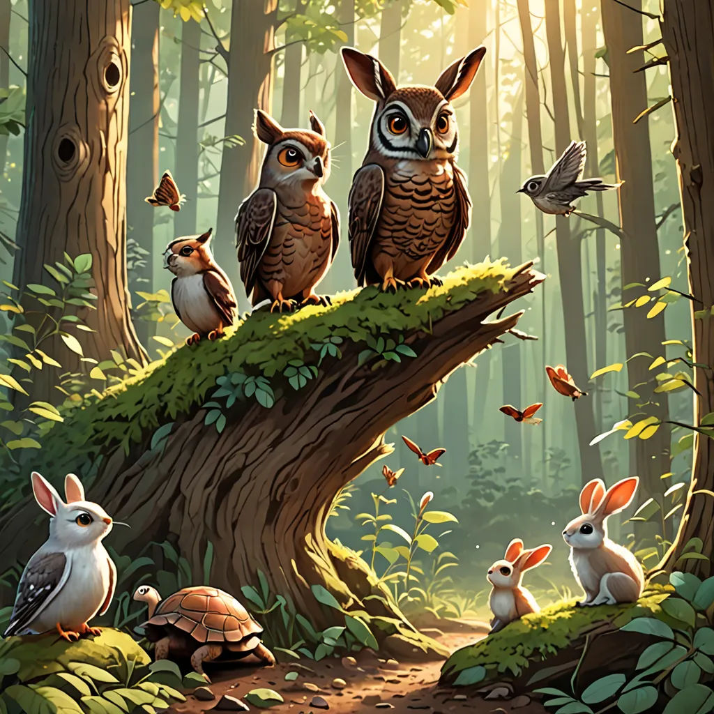 a painting of three owls sitting on a tree stump in a forest with rabbits and birds around it, with a bird flying above them, fantasy art, a storybook illustration<error>