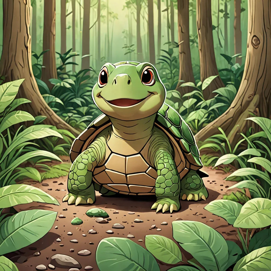 a turtle in the middle of a forest with lots of leaves on the ground and a forest background with trees and plants, sots art, a storybook illustration, Chris LaBrooy, storybook illustration