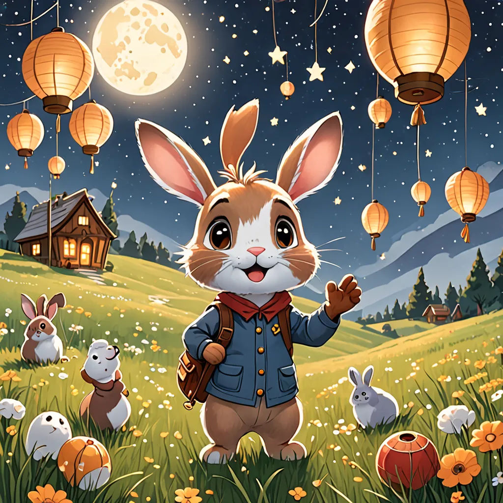 a rabbit is standing in a field with lanterns in the sky and rabbits around him, with a house in the background, Chris LaBrooy, rossdraws global illumination, a storybook illustration, fantasy art