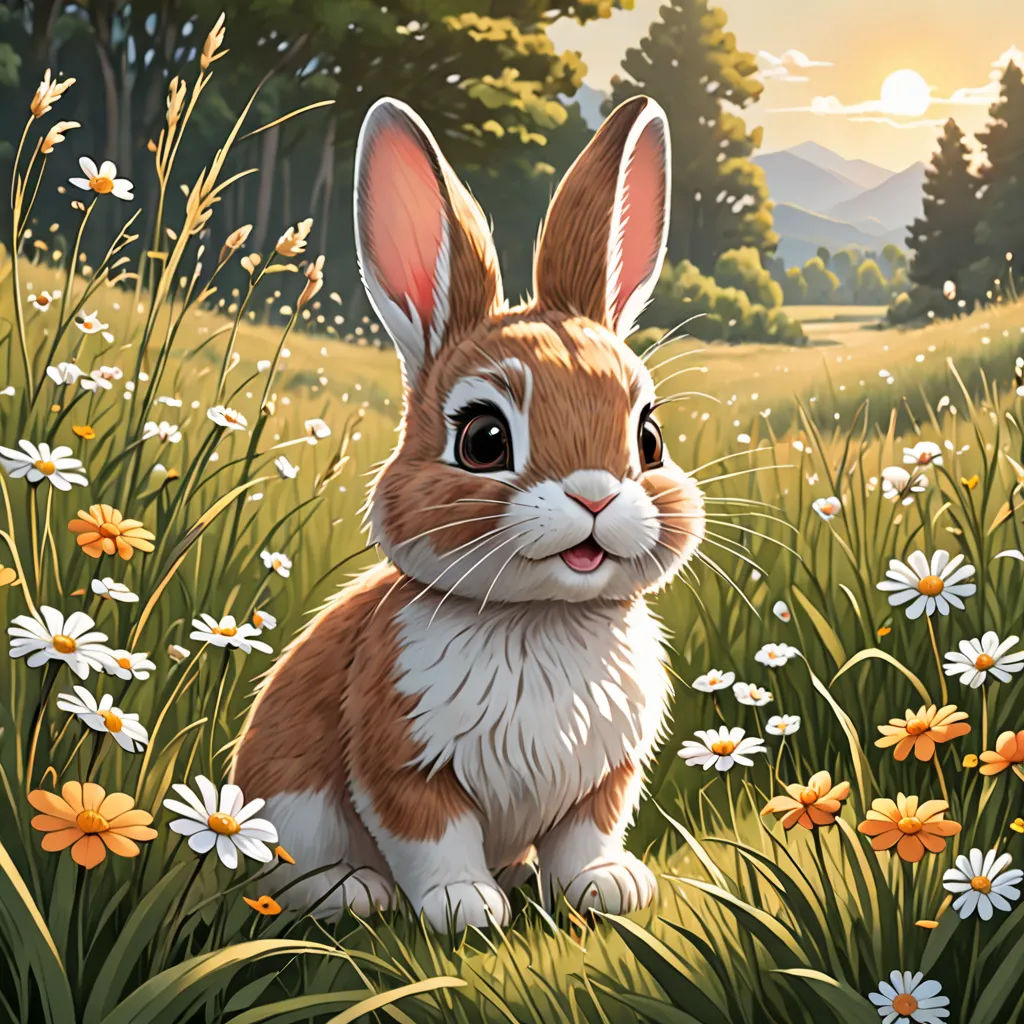 a painting of a rabbit sitting in a field of flowers with a sunset in the background and trees in the background, Chris LaBrooy, rossdraws global illumination, a digital painting, furry art