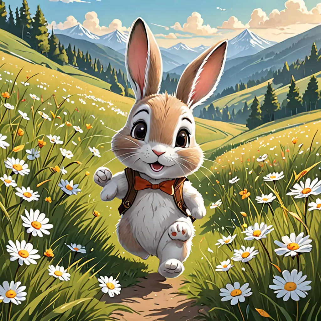 a painting of a rabbit running through a field of flowers and daisies with mountains in the background and a sky with clouds, Chris LaBrooy, rossdraws global illumination, a storybook illustration, furry art