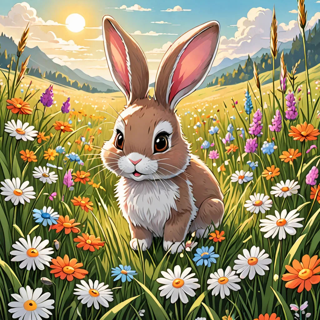 a rabbit sitting in a field of flowers with a sunset in the background and a mountain range in the distance, Chris LaBrooy, rossdraws global illumination, a storybook illustration, furry art