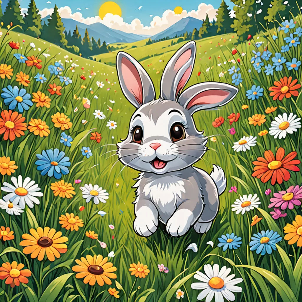 a rabbit sitting in a field of flowers with a mountain in the background and a sky with clouds above, Annabel Kidston, official art, a storybook illustration, furry art