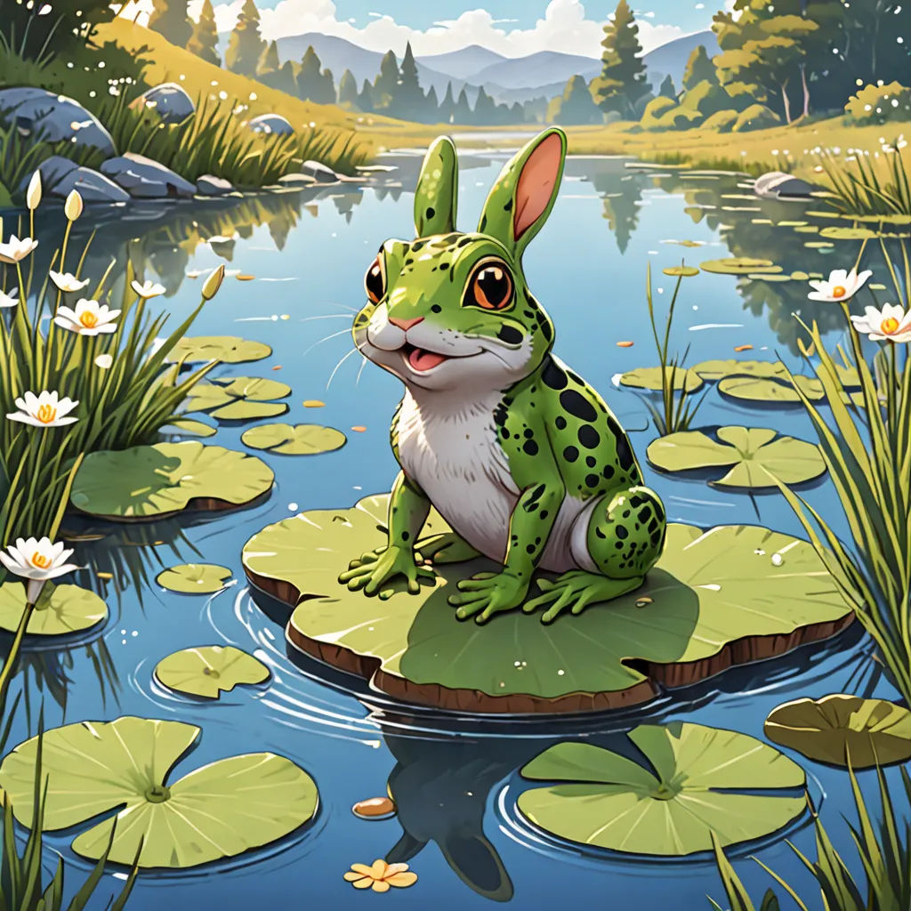 a frog sitting on a lily pad in a pond with lily pads around it and mountains in the background, Chris LaBrooy, rossdraws global illumination, a storybook illustration, fantasy art