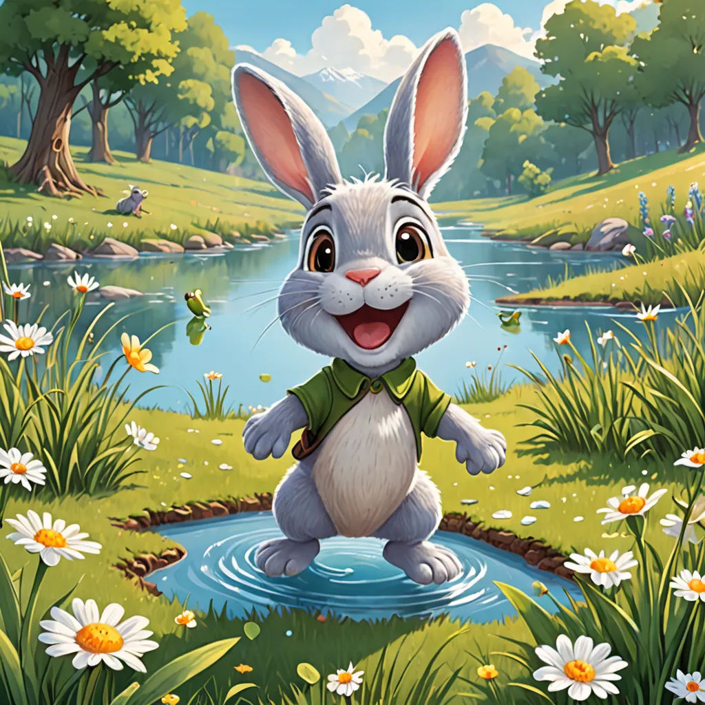 a cartoon bunny is standing in the grass by a pond with daisies and a butterfly in it's mouth, Chris LaBrooy, official art, a storybook illustration, furry art
