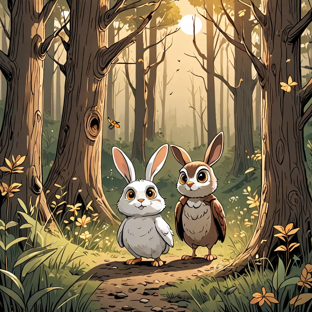 two rabbits are standing in the woods near trees and grass, with a bee flying overhead, and a sun shining through the trees, Dan Mumford, rossdraws global illumination, a storybook illustration, fantasy art
