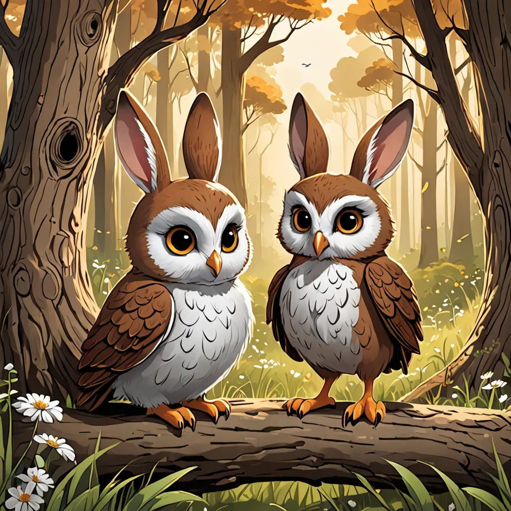 two owls sitting on a log in a forest with daisies and trees in the background, with a sunlit forest behind them, Dan Mumford, rossdraws global illumination, a storybook illustration, fantasy art