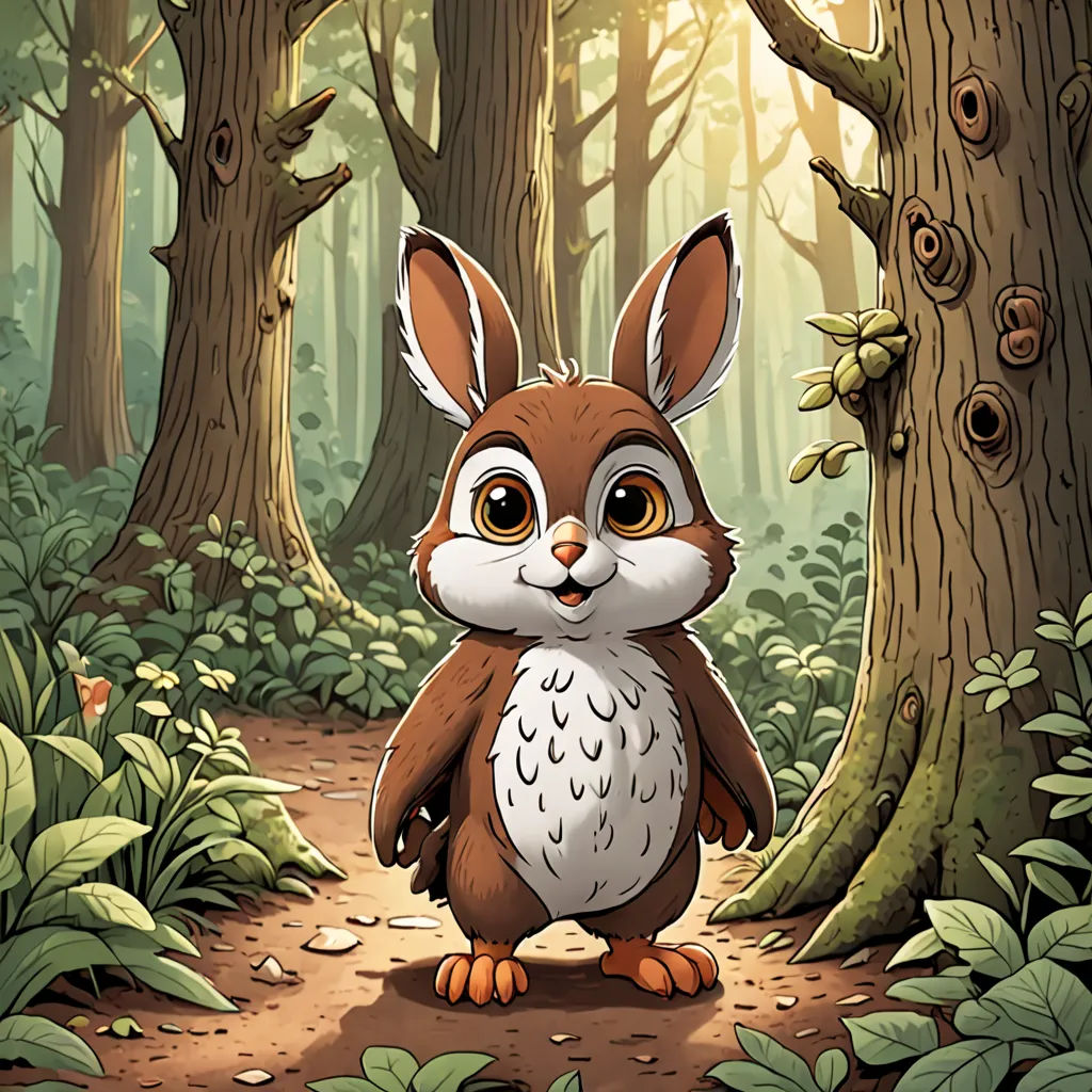 a cartoon rabbit standing in the middle of a forest with a forest background and lots of trees and leaves, Chris LaBrooy, storybook illustration, a storybook illustration, sots art