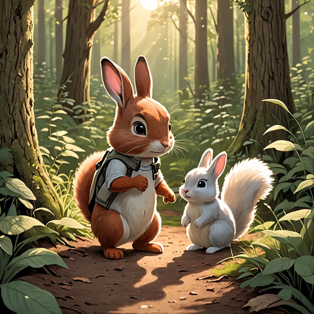 a rabbit and a bunny rabbit in a forest with sunlight shining through the trees and leaves on the ground, Chris LaBrooy, rossdraws global illumination, a storybook illustration, furry art