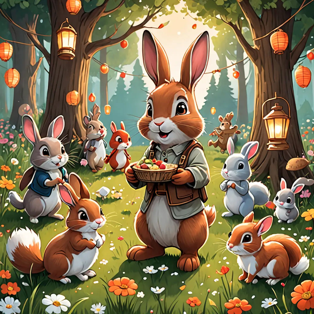 a rabbit with a basket of food surrounded by other rabbits in a forest with lanterns and lanterns in the sky, Dan Mumford, rossdraws global illumination, a storybook illustration, fantasy art