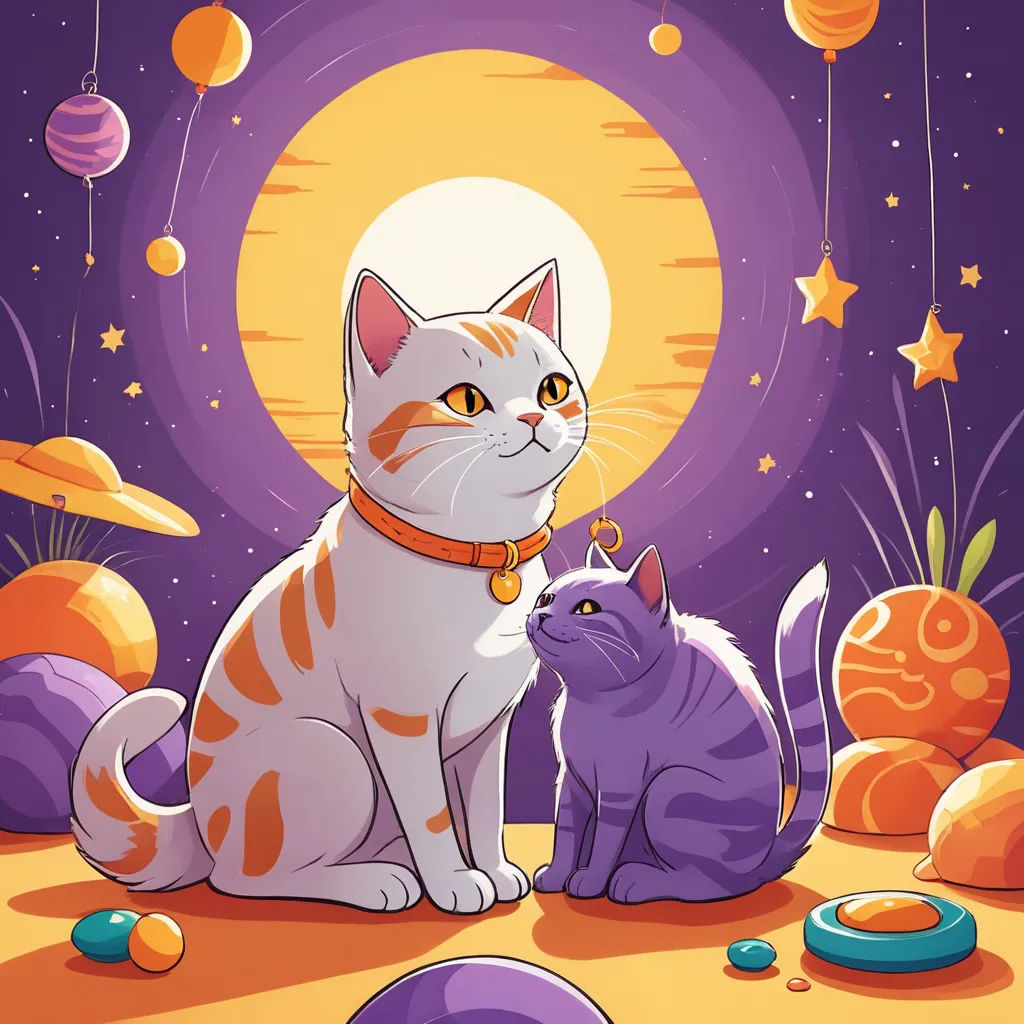 a cat and a cat sitting on a surface with planets in the background and a full moon in the sky, space art, a storybook illustration, Claire Hummel, space