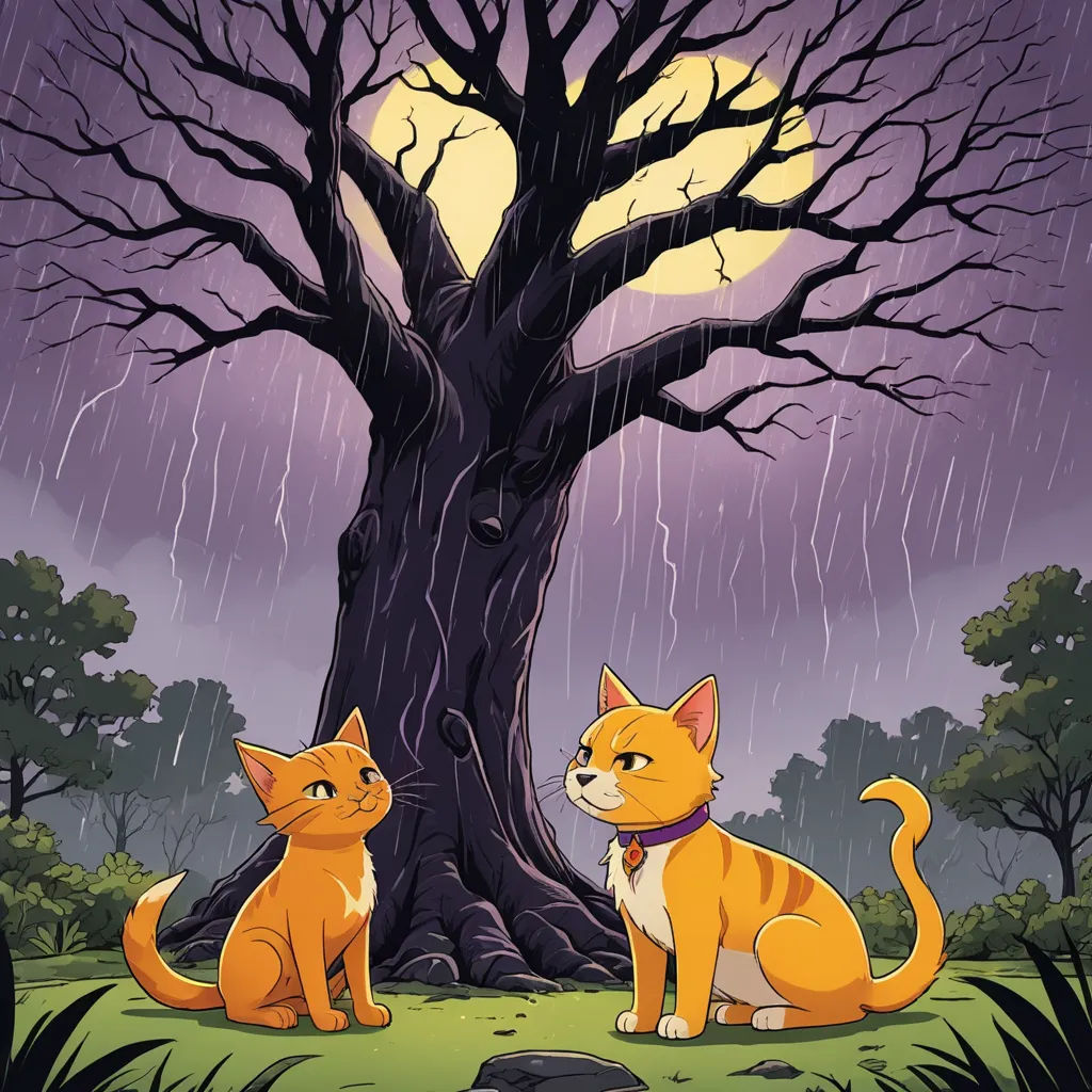two cats sitting under a tree in the rain under a full moon sky with a full moon behind them, sots art, poster art, Dan Mumford, official art