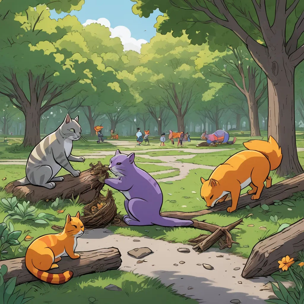 a group of cats sitting on top of a forest floor next to a forest road and trees with people in the background, furry art, a storybook illustration, Chris LaBrooy, official art