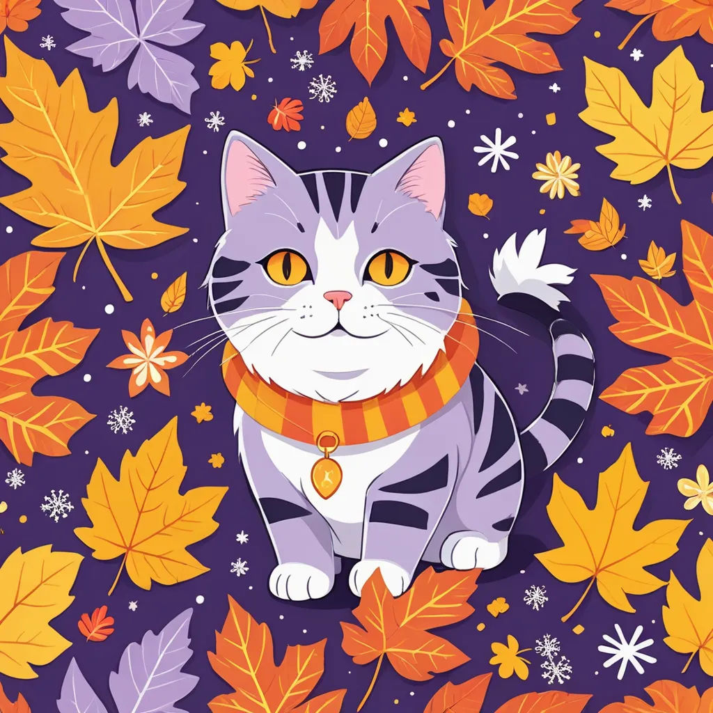 a cat sitting on a purple background with leaves and snowflakes around it, with a scarf around its neck, furry art, vector art, Annabel Kidston, autumn
