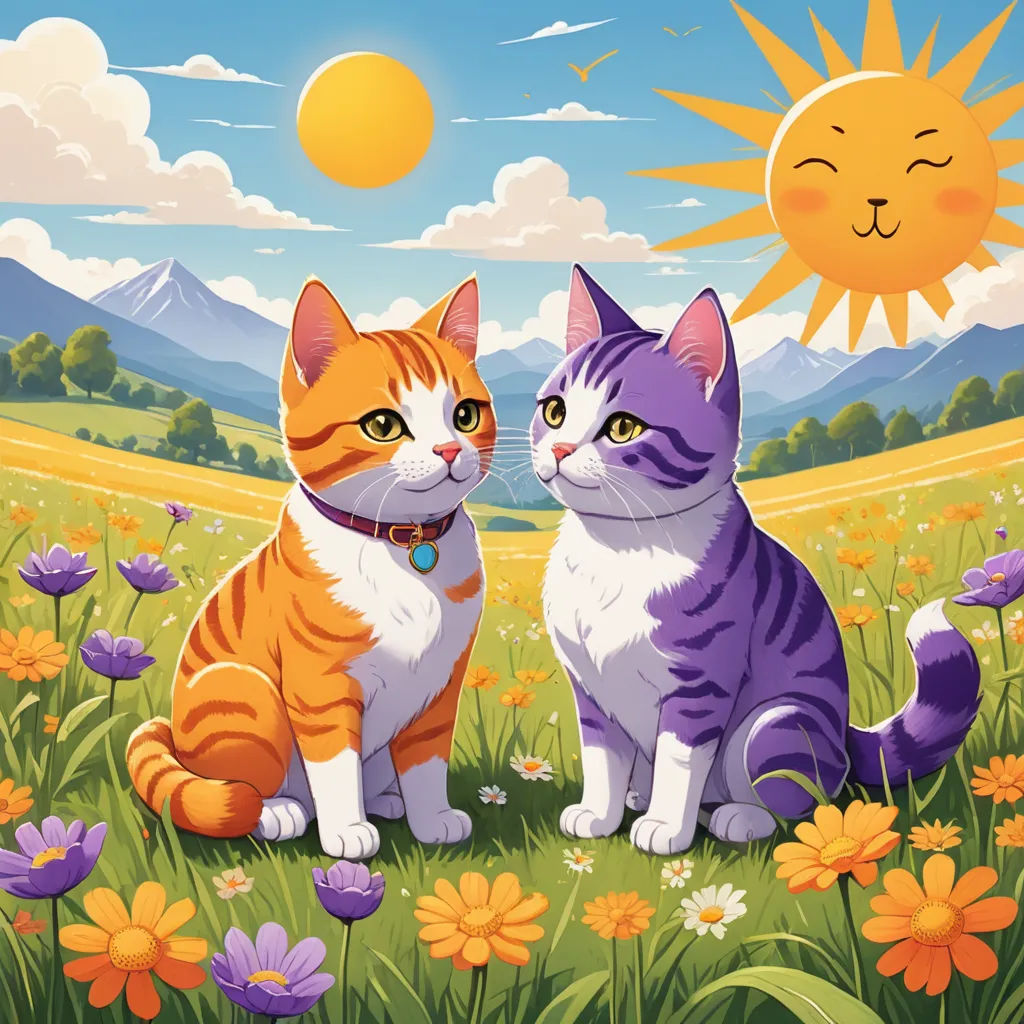 two cats sitting in a field of flowers with the sun in the background and a mountain range in the distance, sots art, a storybook illustration, Dan Mumford, official art
