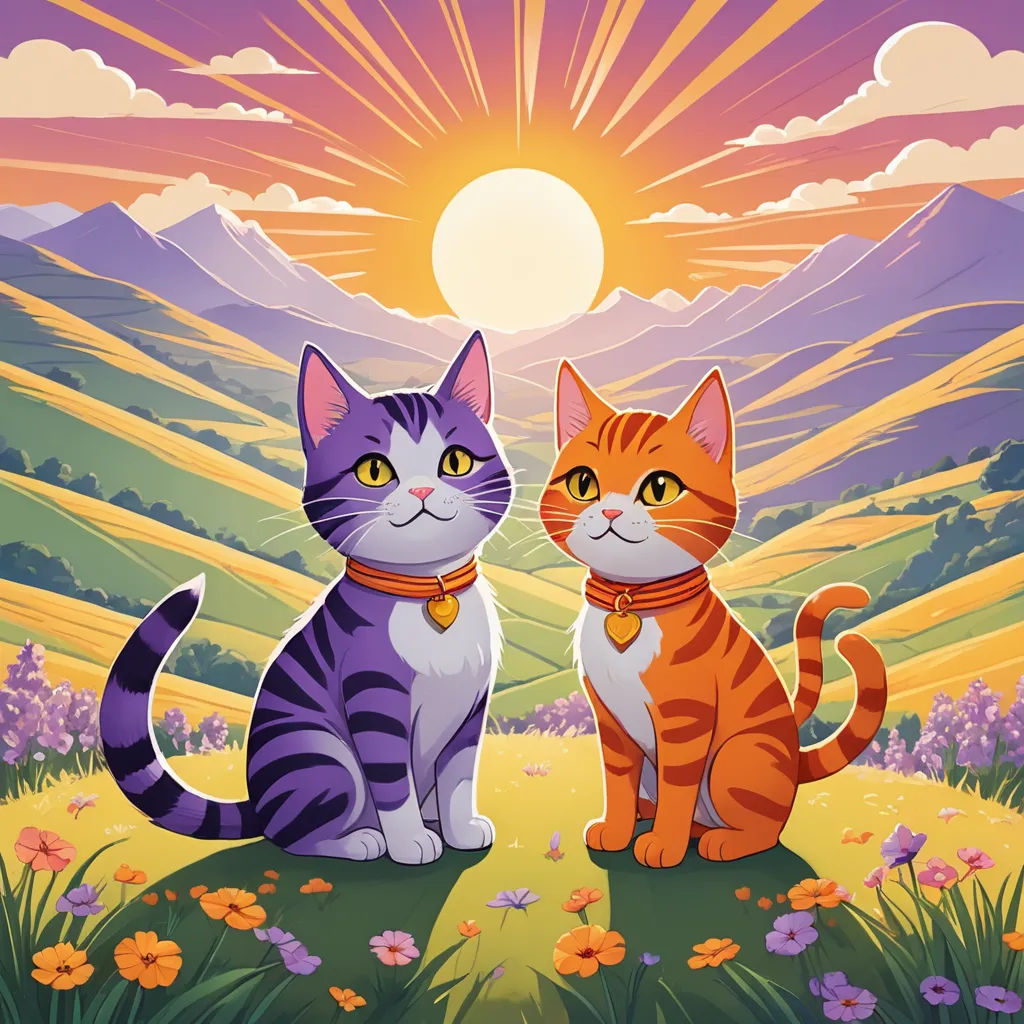 two cats sitting on a hill with a sunset in the background and flowers in the foreground, and a mountain range in the background, sots art, a storybook illustration, Dan Mumford, official art
