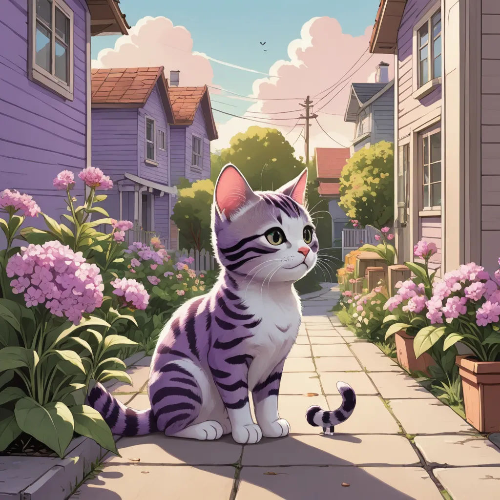 a cat sitting on a sidewalk in front of a house with flowers and a cat nearby that is looking at the camera, sots art, a storybook illustration, Chris LaBrooy, official art