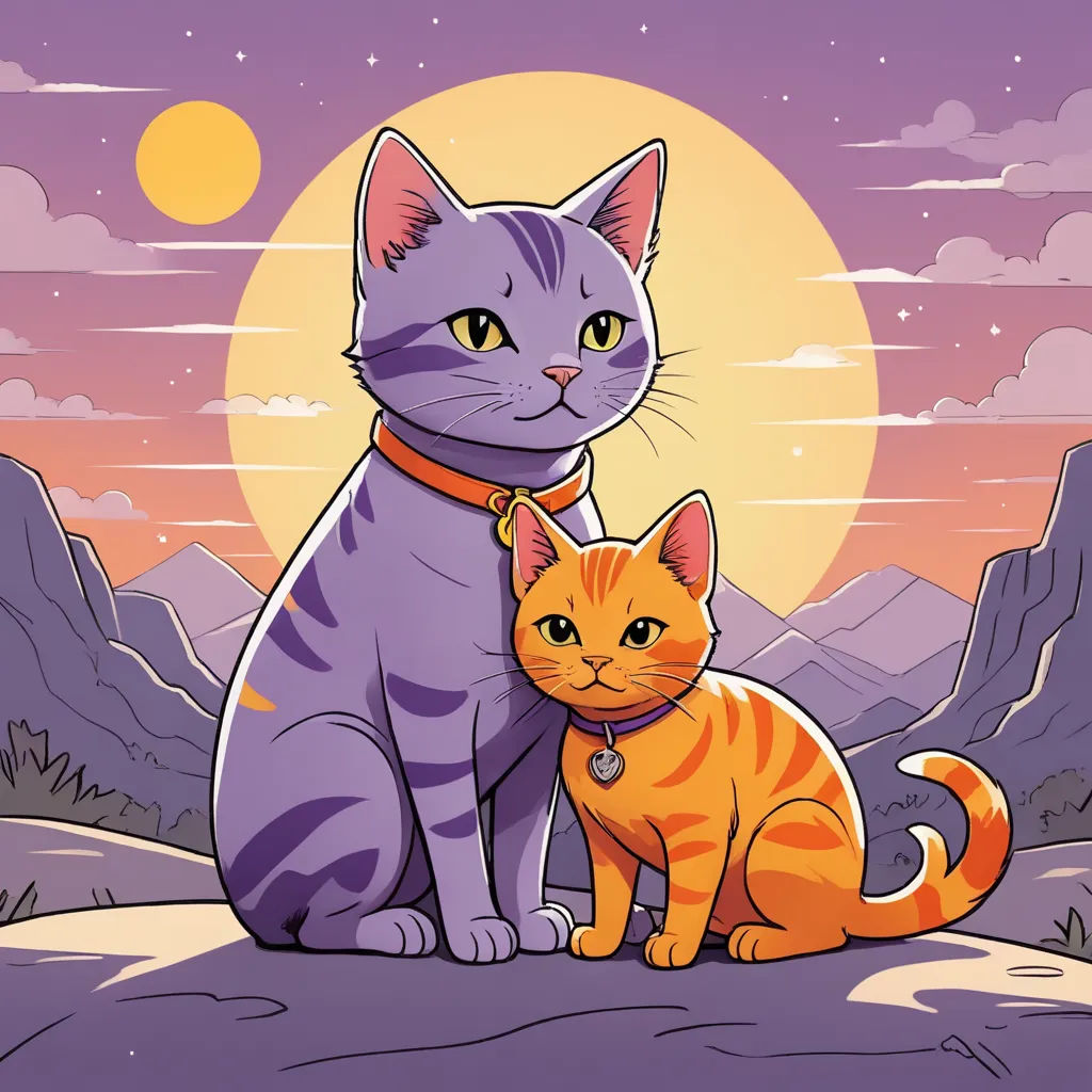 a cat and a cat sitting on a rock in front of a sunset with mountains and clouds in the background, sots art, a storybook illustration, Dan Mumford, josan gonzales and dan mumford