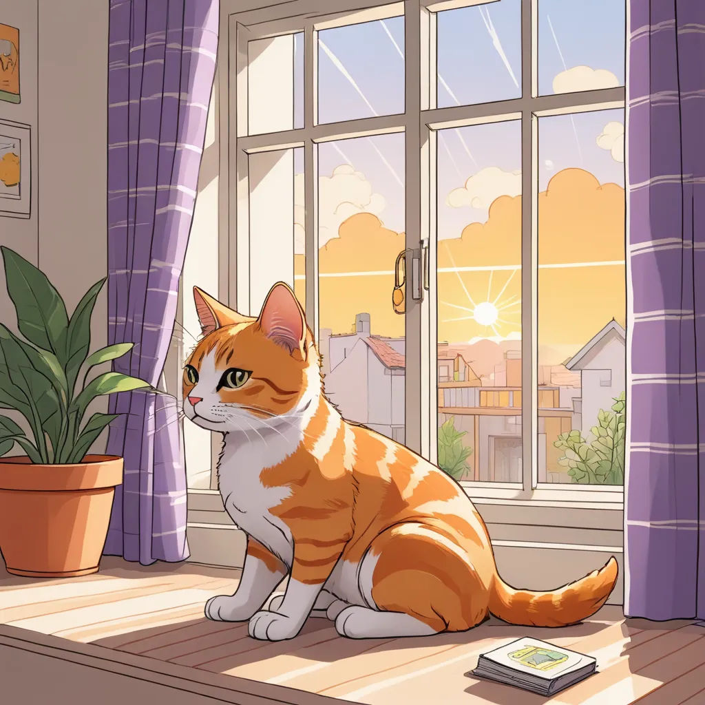 a cat sitting on a window sill looking out the window at the sunset outside of the window and a book on the floor, sots art, a comic book panel, Anson Maddocks, official art
