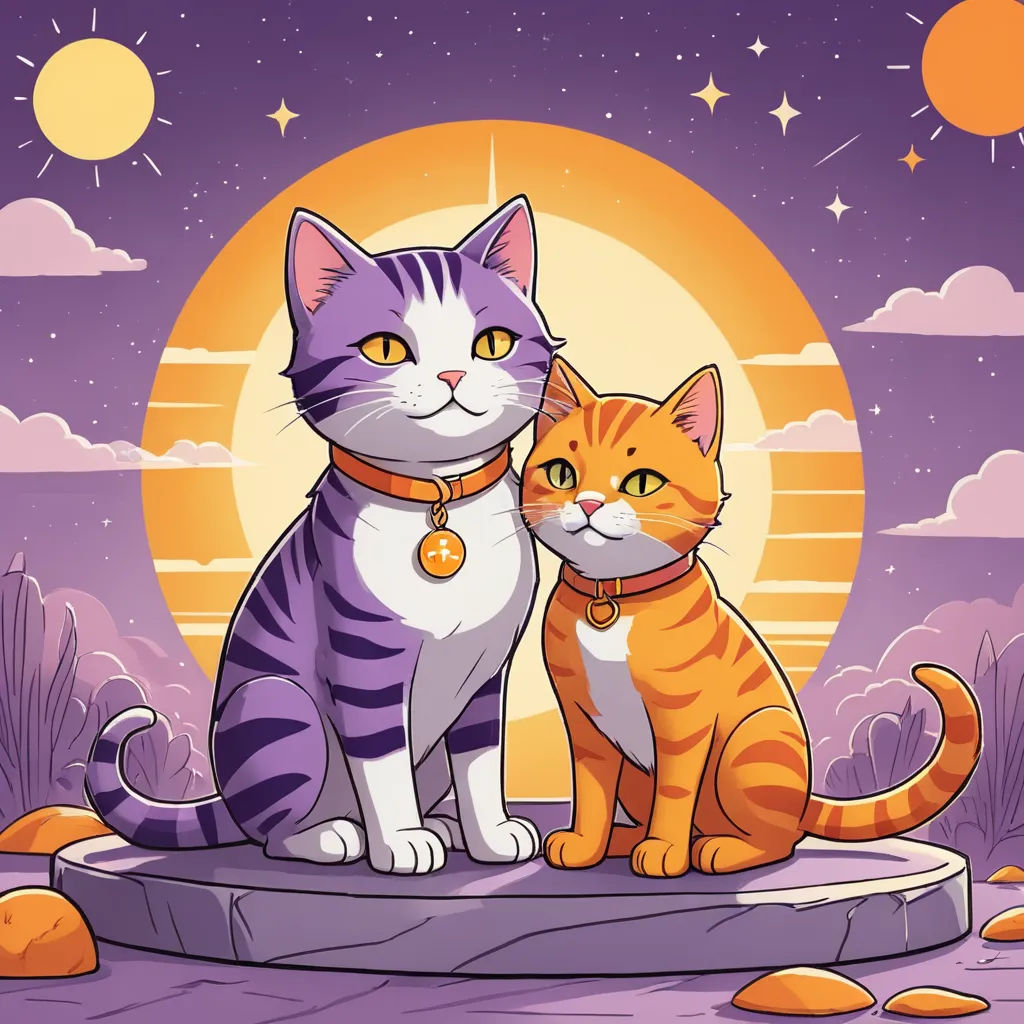 a couple of cats sitting on top of a rock under a full moon sky with stars and clouds in the background, space art, a storybook illustration, Dan Mumford, josan gonzales and dan mumford
