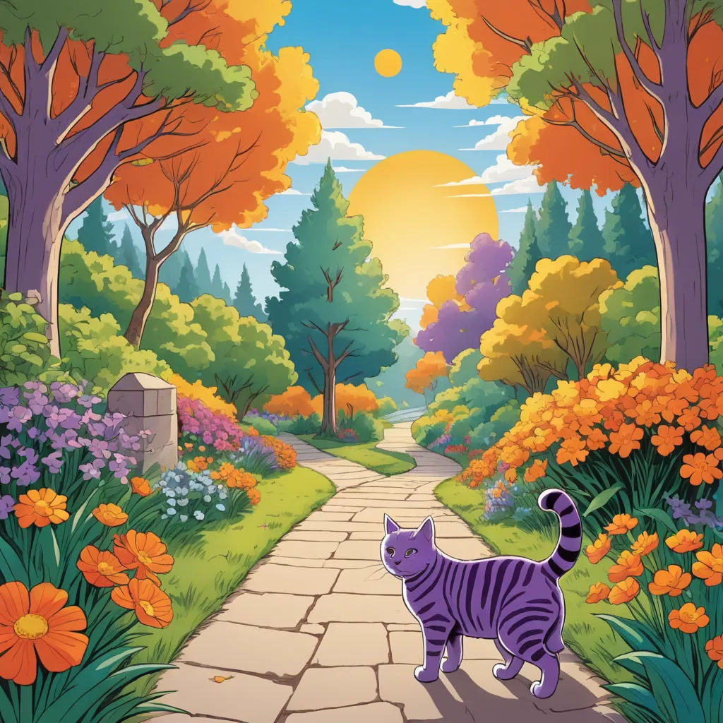a cat walking down a path in a park with flowers and trees on either side of it and a sun in the background, fantasy art, a storybook illustration, Chris LaBrooy, official art