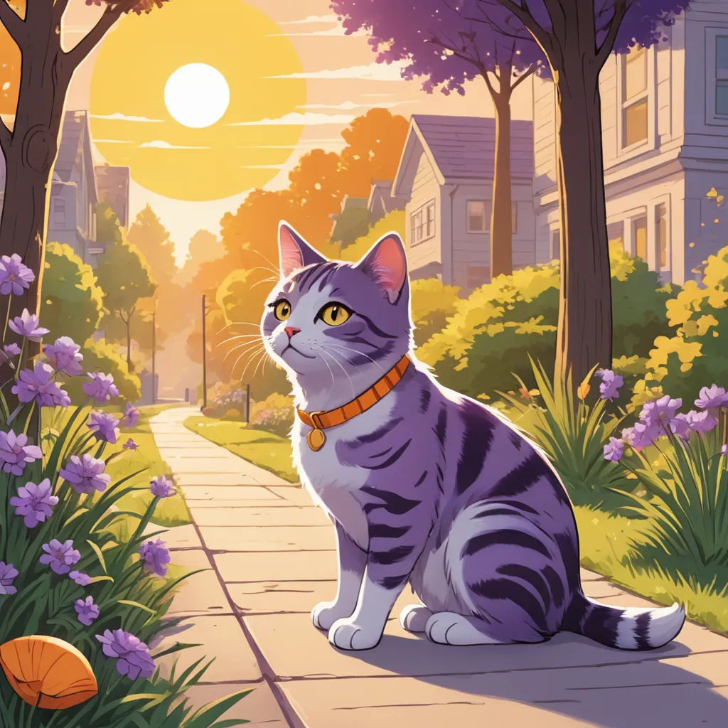 a cat sitting on a sidewalk in a park at sunset with a house in the background and a cat in the foreground, sots art, a storybook illustration, Chris LaBrooy, rossdraws global illumination