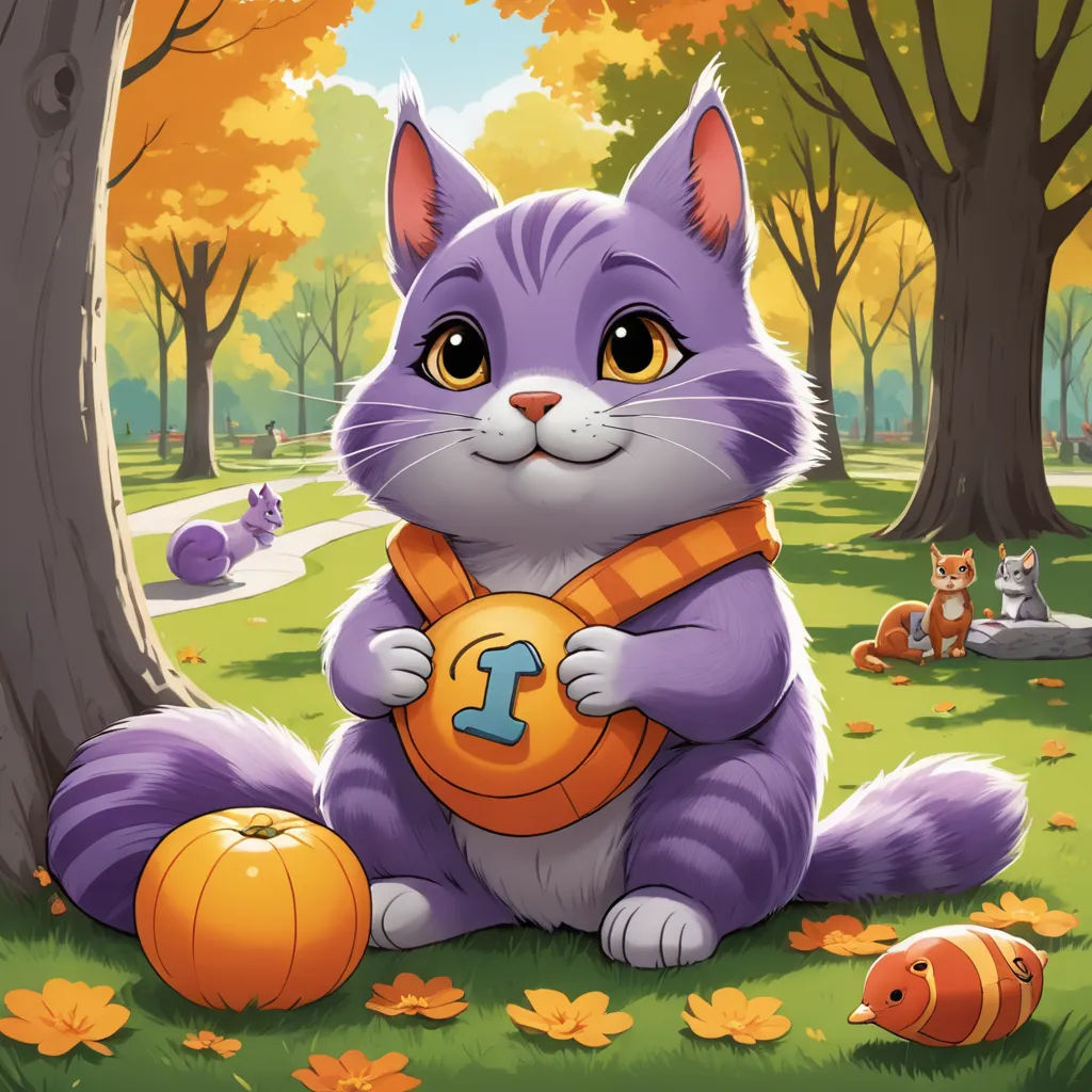 a cat is holding a pumpkin in a park with other cats around it and a tree with orange leaves, sots art, a storybook illustration, Chris Rallis, official art