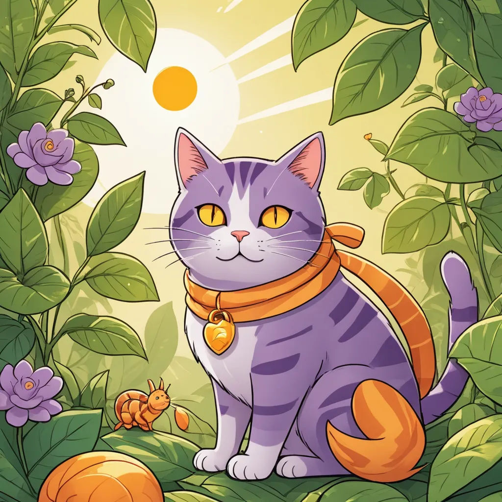 a cat sitting in the middle of a forest with a bell around its neck and a bird on its neck, sots art, a storybook illustration, Claire Hummel, sun