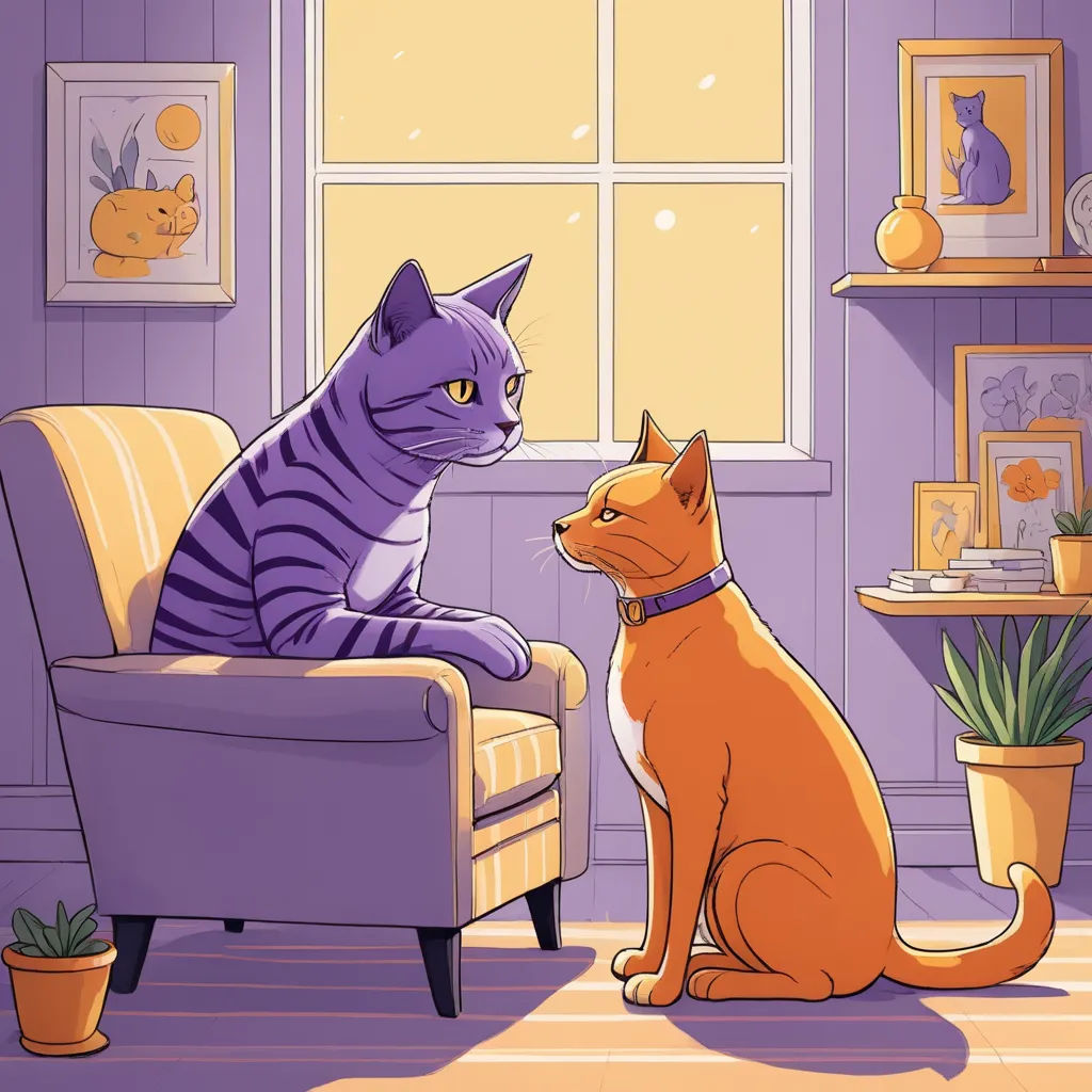 a cat and a dog sitting in a chair in a room with purple walls and a window with yellow curtains, sots art, a storybook illustration, Asaf Hanuka, storybook illustration