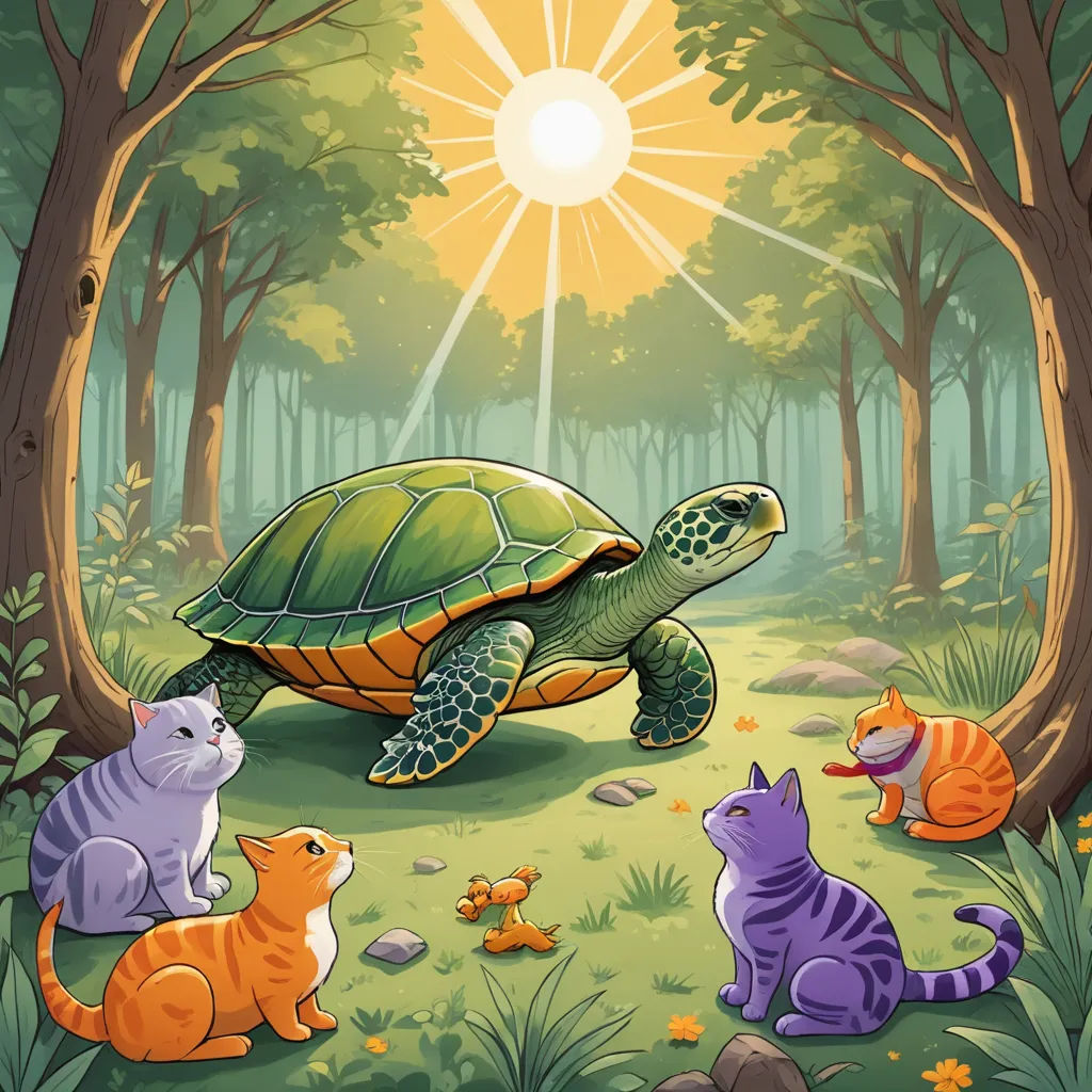 a painting of a turtle and cats in a forest with sun shining through the trees and leaves on the ground, sots art, a storybook illustration, Dan Mumford, storybook illustration