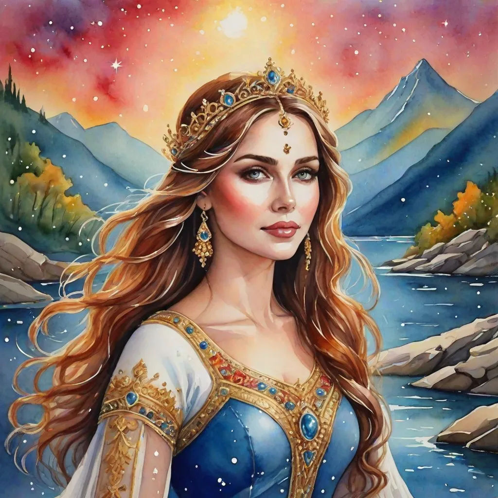 a painting of a woman in a blue dress with a tiara on her head and a mountain in the background, Anne Stokes, fantasy art, a detailed painting, detailed painting