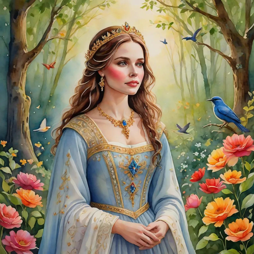 a painting of a woman in a blue dress and a bird in a forest with flowers and trees in the background, Anne Stokes, fantasy art, a detailed painting, detailed painting