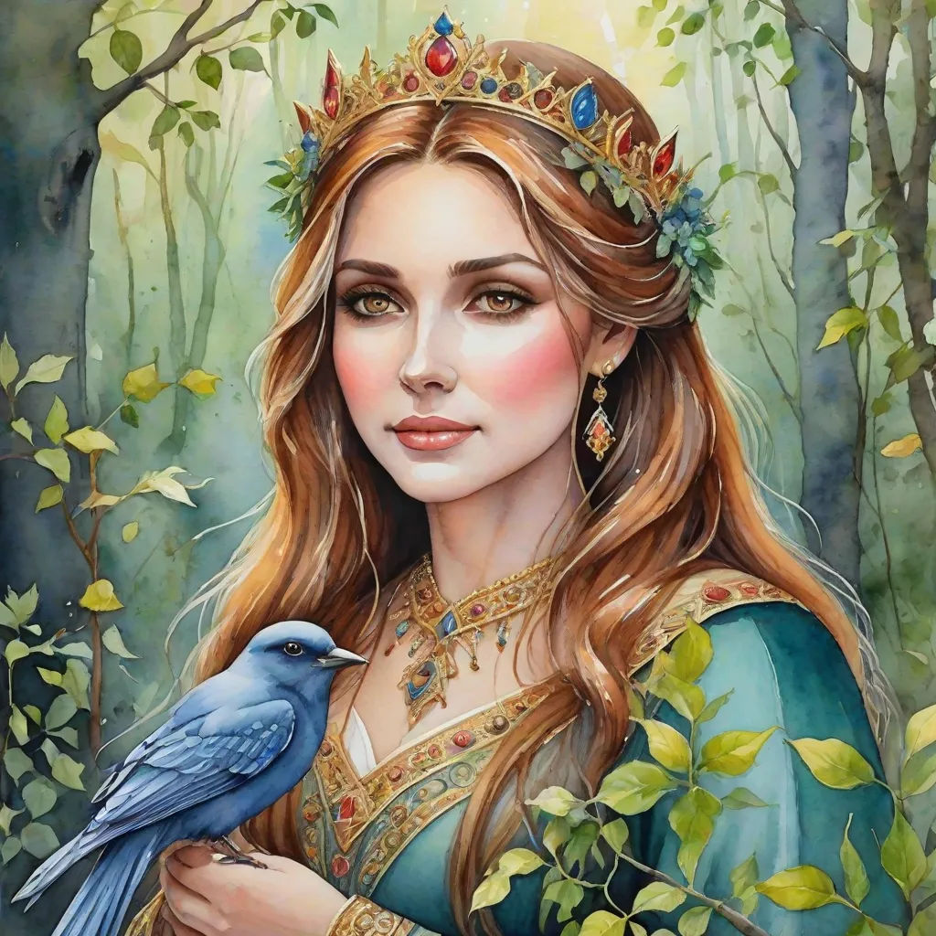 a painting of a woman with a bird on her arm and a crown on her head, in a forest, Anne Stokes, fantasy art, a detailed painting, enchanting