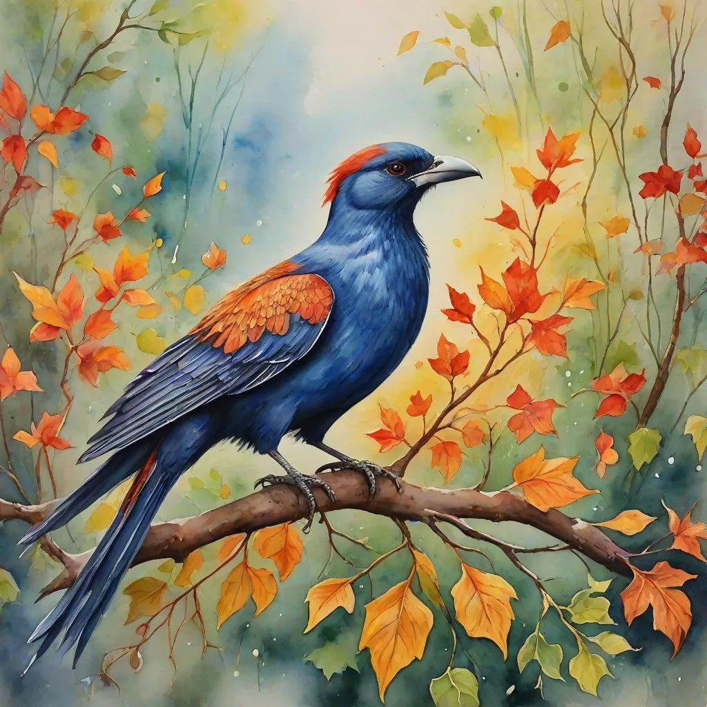 a painting of a bird sitting on a branch with leaves around it and a sky background with orange and blue colors, David Martin, figurative art, a watercolor painting, in gouache detailed paintings
