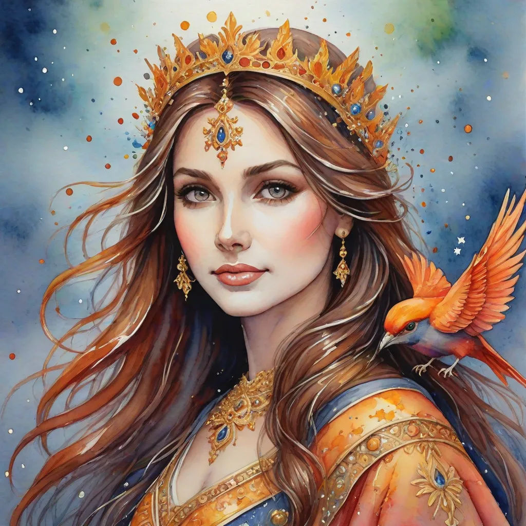 a painting of a woman with a bird on her shoulder and a crown on her head, with a blue sky background, Anne Stokes, fantasy art, a detailed painting, detailed painting