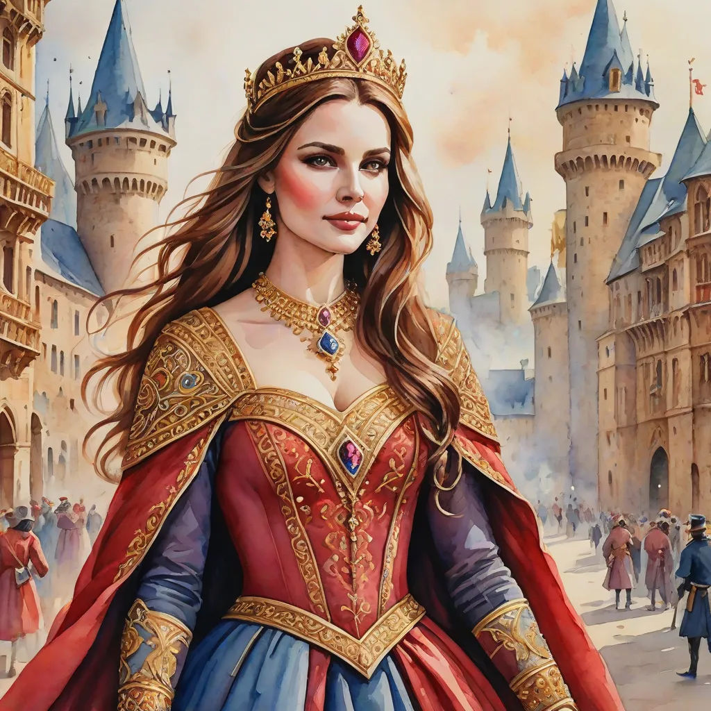 a painting of a woman in a red and blue dress with a crown on her head and a castle in the background, Donato Giancola, fantasy art, a detailed painting, fantasy artwork