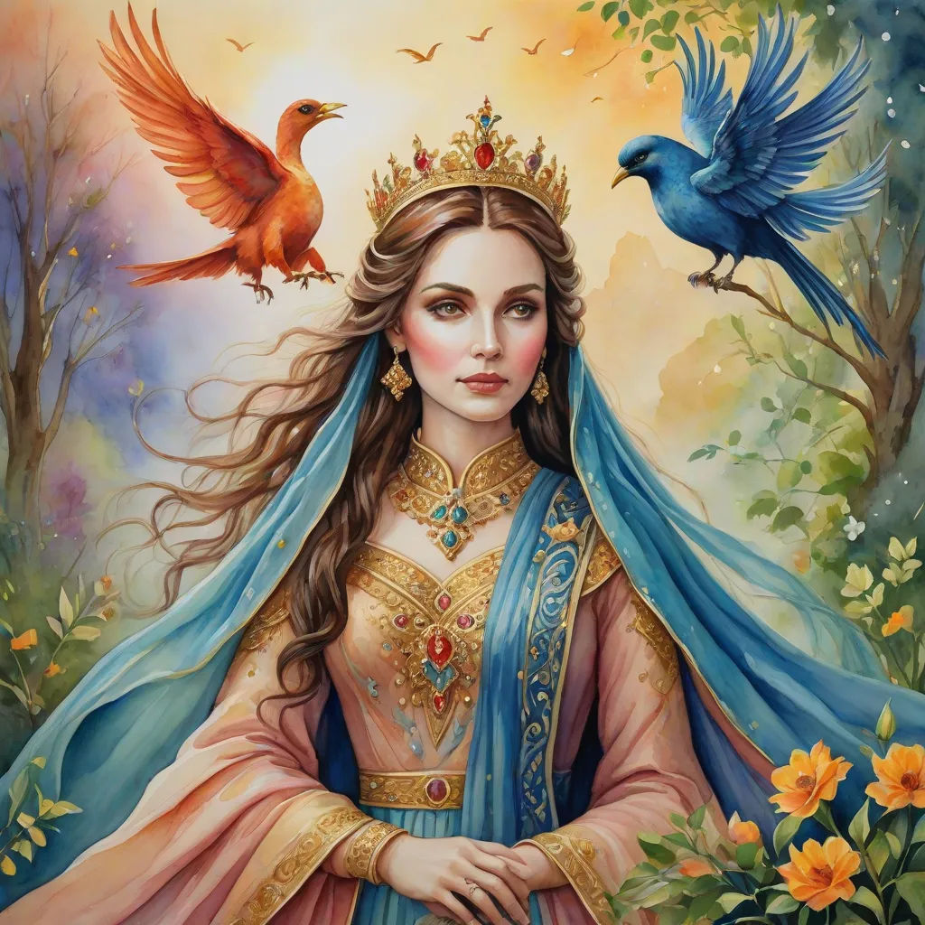 a painting of a woman with a bird on her head and a bird on her shoulder, with a blue cape on her head, Anne Stokes, qajar art, a detailed painting, detailed painting