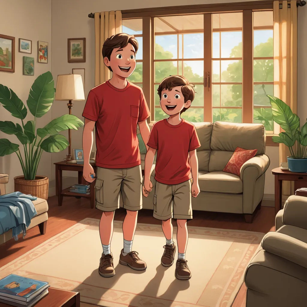 a man and a boy standing in a living room together, with a couch and a table in the background, american scene painting, a storybook illustration, Brothers Hildebrandt, official art