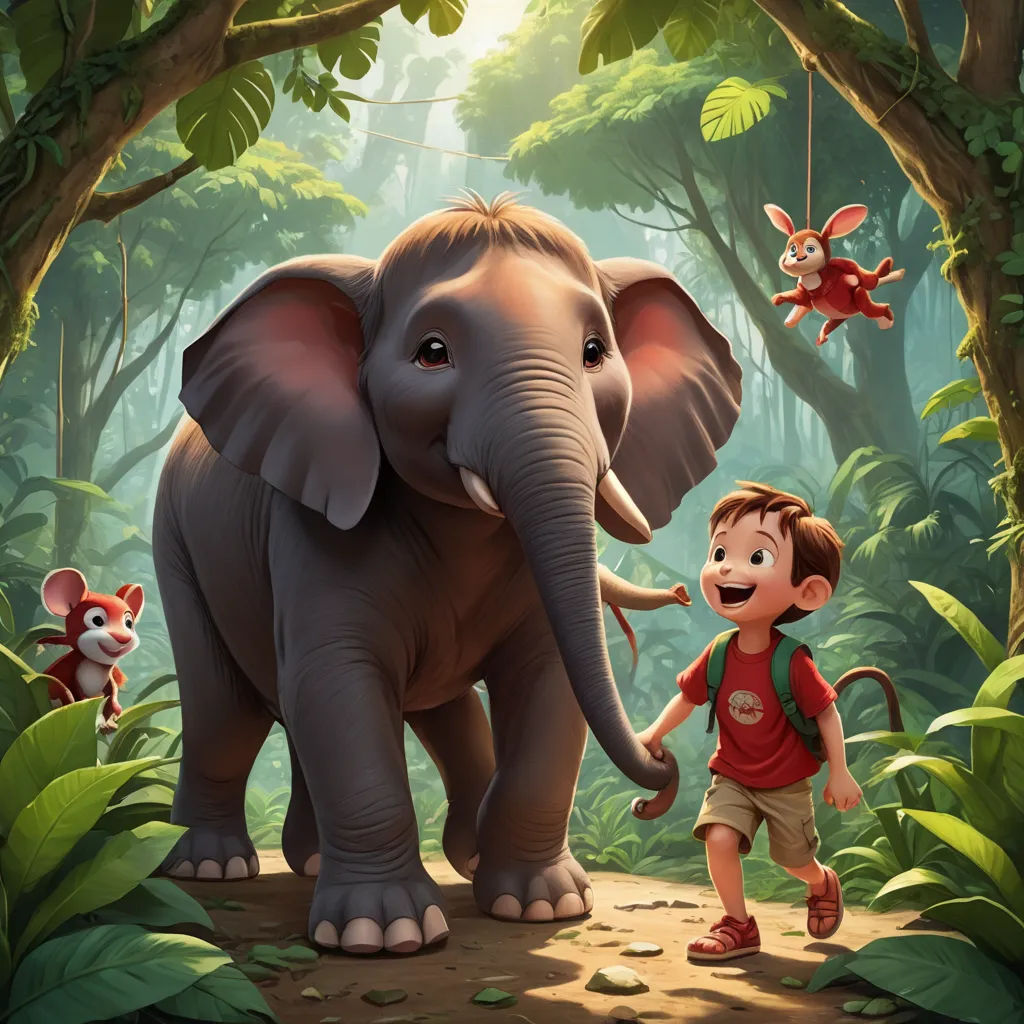 a boy is walking with an elephant in the jungle with other animals in the background and a monkey in the foreground, sots art, a storybook illustration, Chris LaBrooy, promotional image