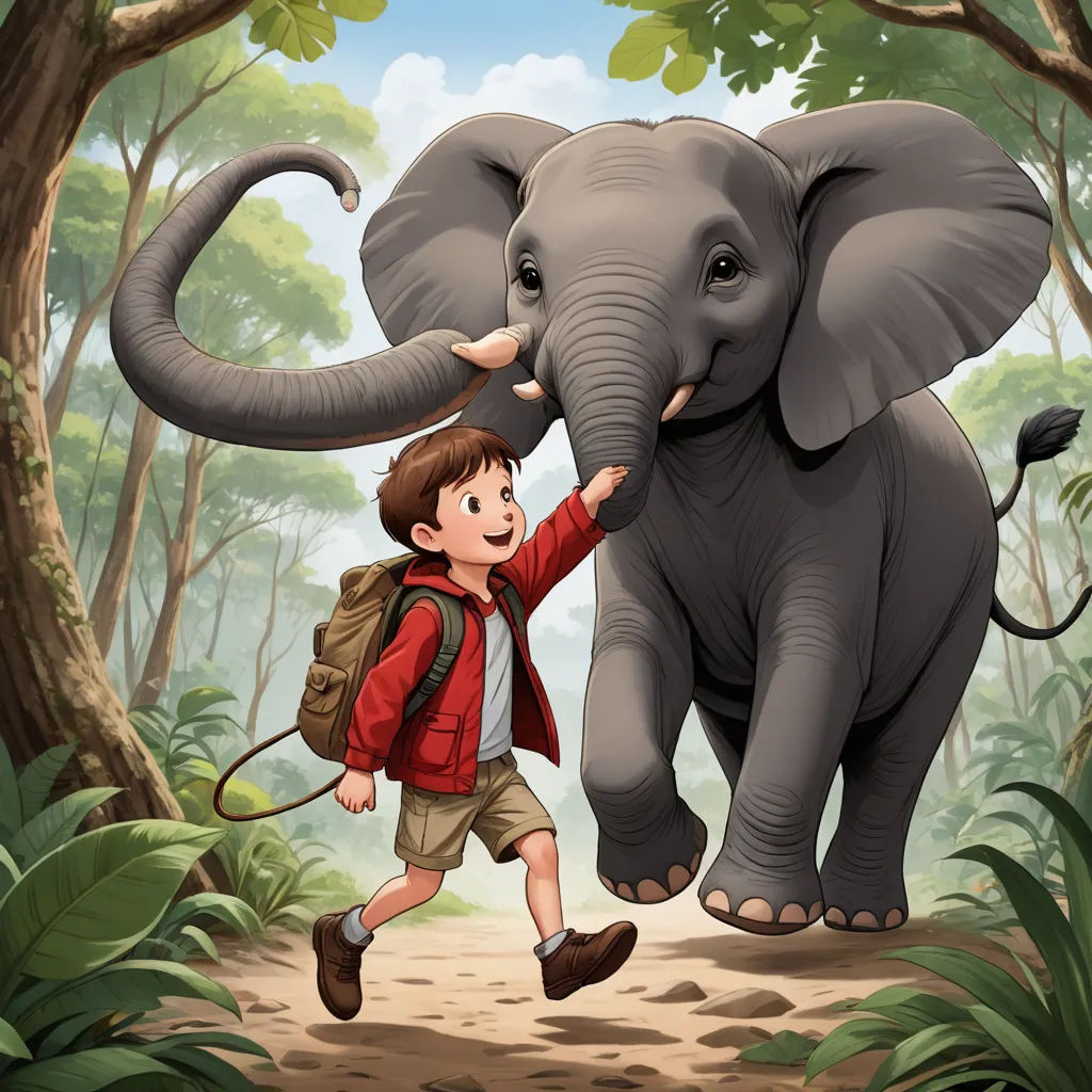 a boy is walking with an elephant in the jungle with a backpack on his shoulder and a backpack on his shoulder, magical realism, a storybook illustration, Diego Gisbert Llorens, storybook illustration